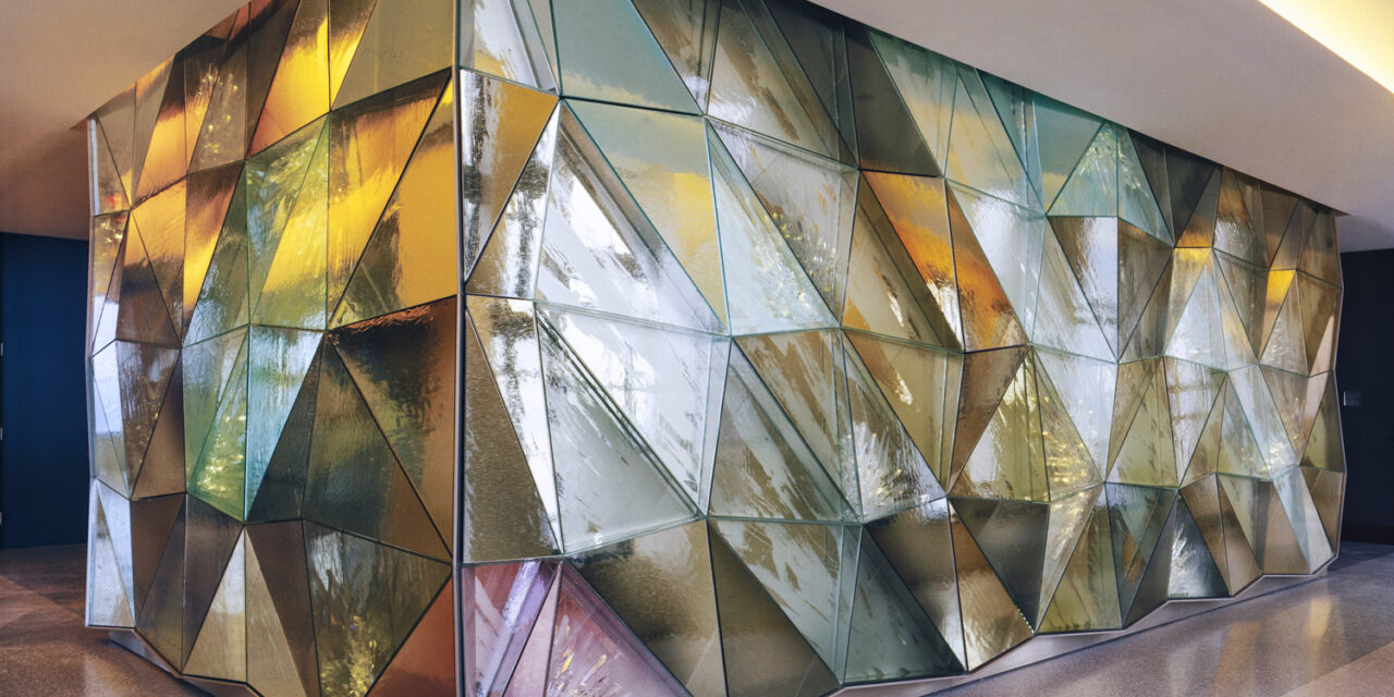 Mouth-blown glass wall at the Top of the Rock.