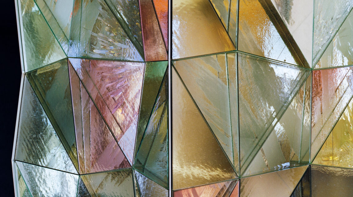 Mouth-blown glass wall at the Top of the Rock.