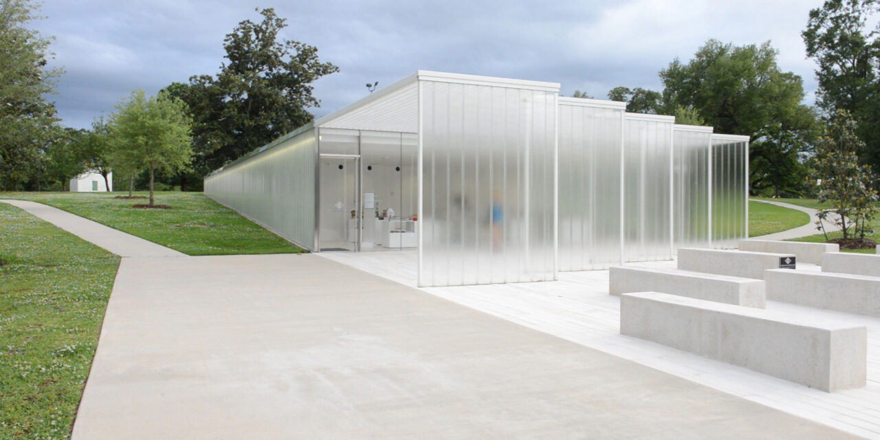 Channel glass walls at the Magnolia Mound Visitor Center.