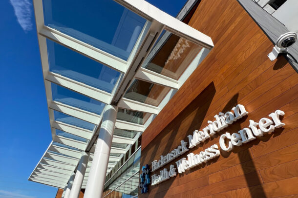 Bendheim glass canopy system in front of a healthcare facility.