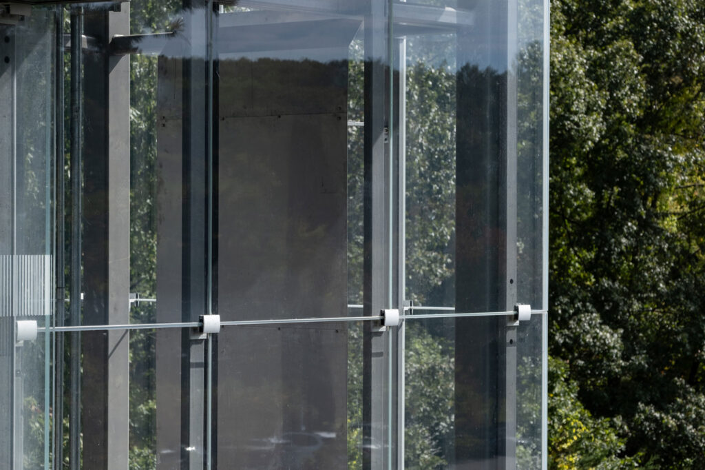 Elevator shaft enclosed by Bendheim's glass rainscreen system.
