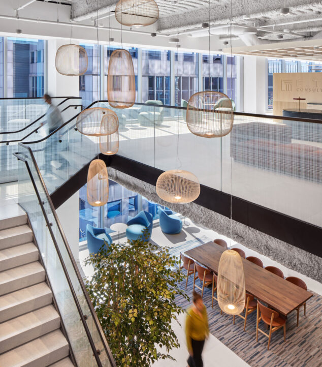 Glass stair railing by Bendheim with a woven digital printed pattern.